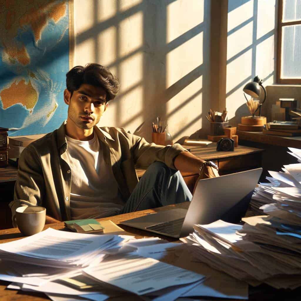 Overwhelmed person, a guide to working holiday visas.