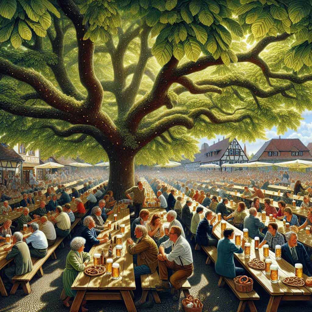 Understanding German beer gardens, sunny communal scene.